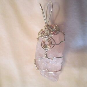 Rose Quartz silver‎ wrapped raw crystal love Pendant Necklace